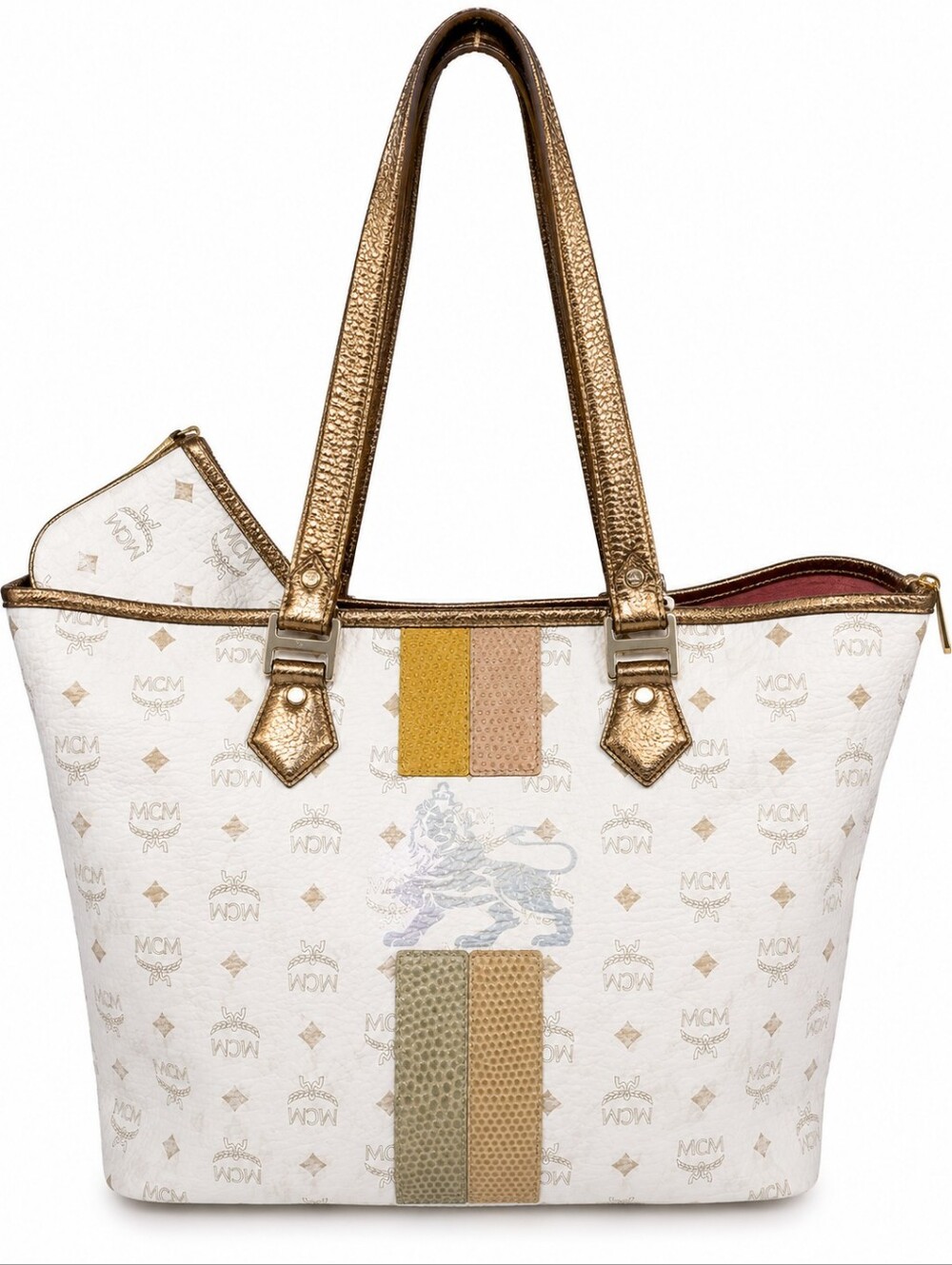 MCM Visetos Tote Bag White Monogram Leather Trim Lion Graphic Shoulder Bag